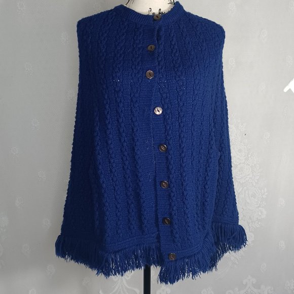 Vintage Dark Blue Acrylic Knit Button Up Fringe Poncho Cape S/M - Picture 1 of 8